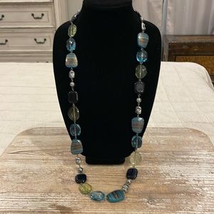 Vintage Blue Silver Green Tone Long Beaded Statement Necklace